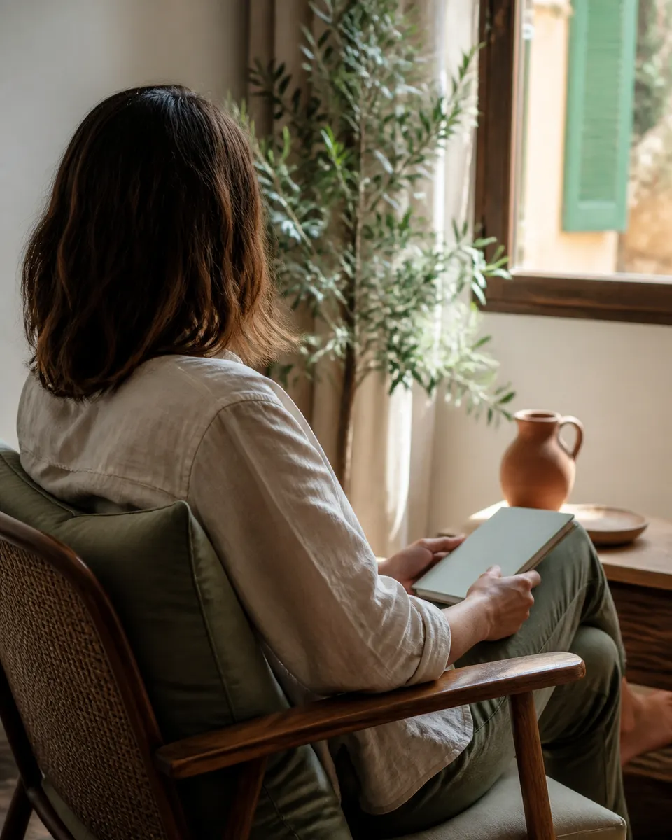 Persona sentada junto a una ventana con un cuaderno