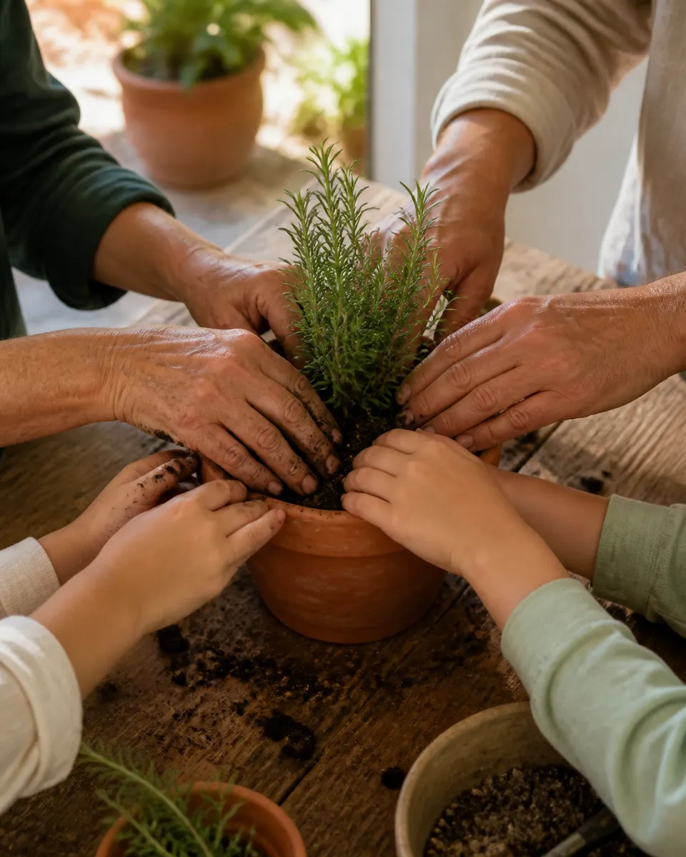 Varias manos plantando juntas una planta aromática