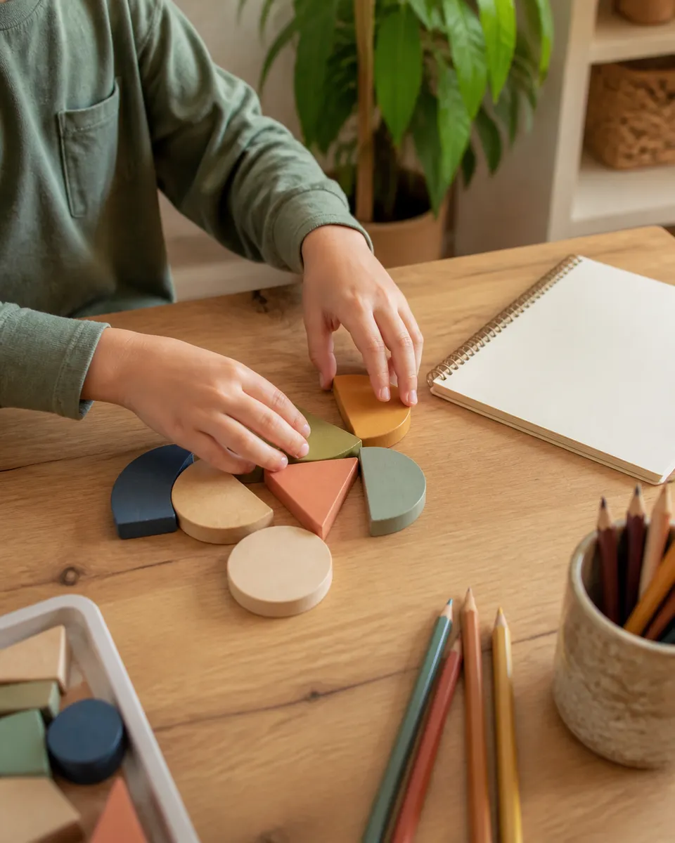Manos organizando piezas de madera junto a un cuaderno y lápices