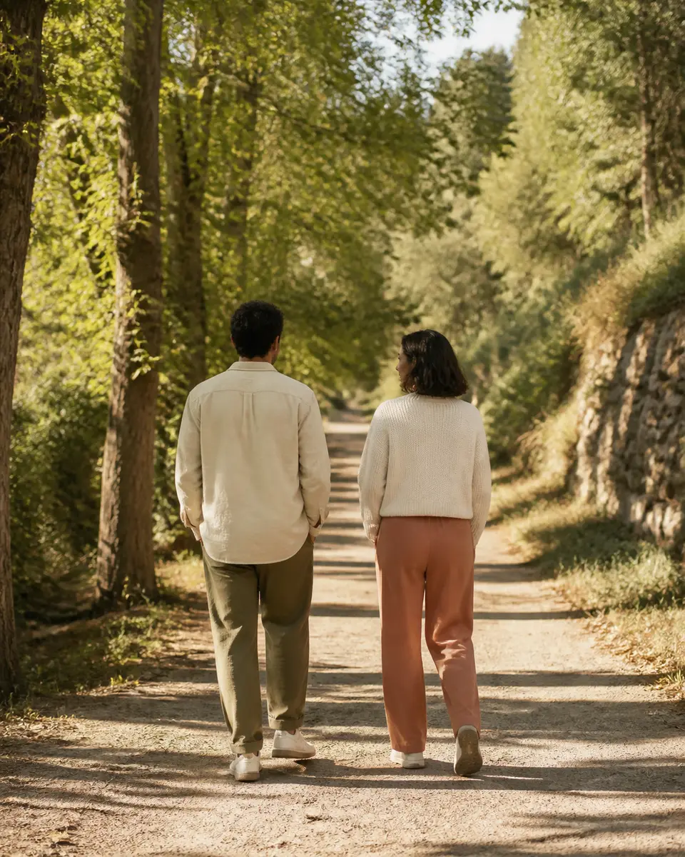 Dos personas caminando juntas por un sendero arbolado